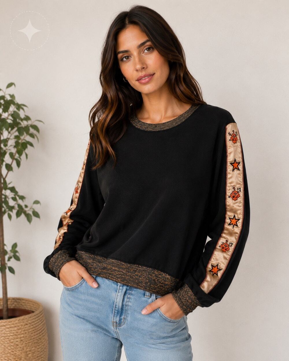 72 Peaks Black Sweatshirt Embroidered Rose Star Sleeve Trim Large Boho Trendy